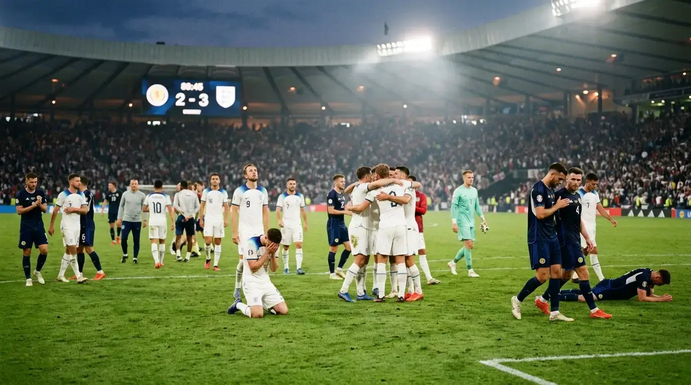 Zwei Nationalmannschaften auf einem hell erleuchteten Stadionrasen, Spieler in verschiedenen Posen nach einem torreichem Spiel, Anzeigetafel im Hintergrund verschwommen