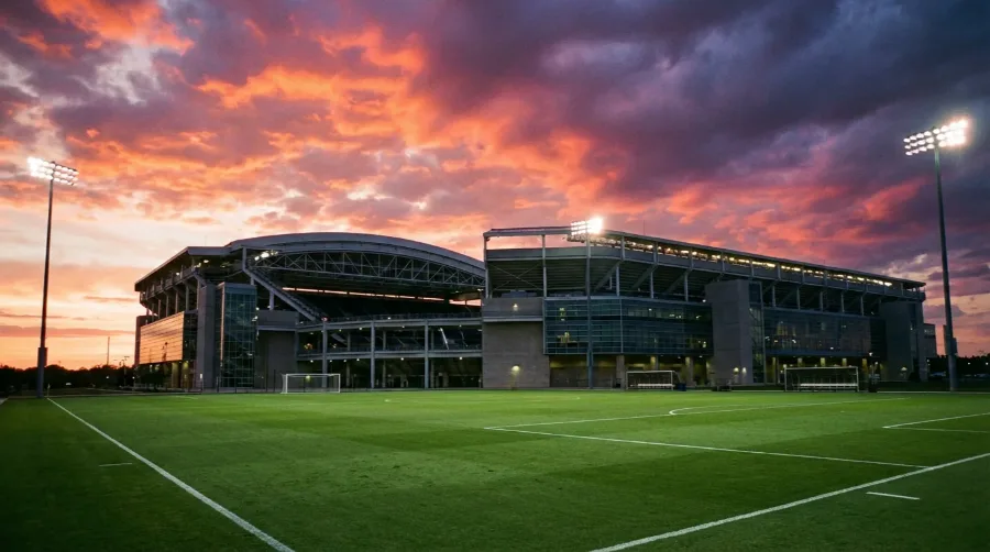 Fussballstadion in Nordamerika bei Sonnenuntergang mit WM-2026-Branding