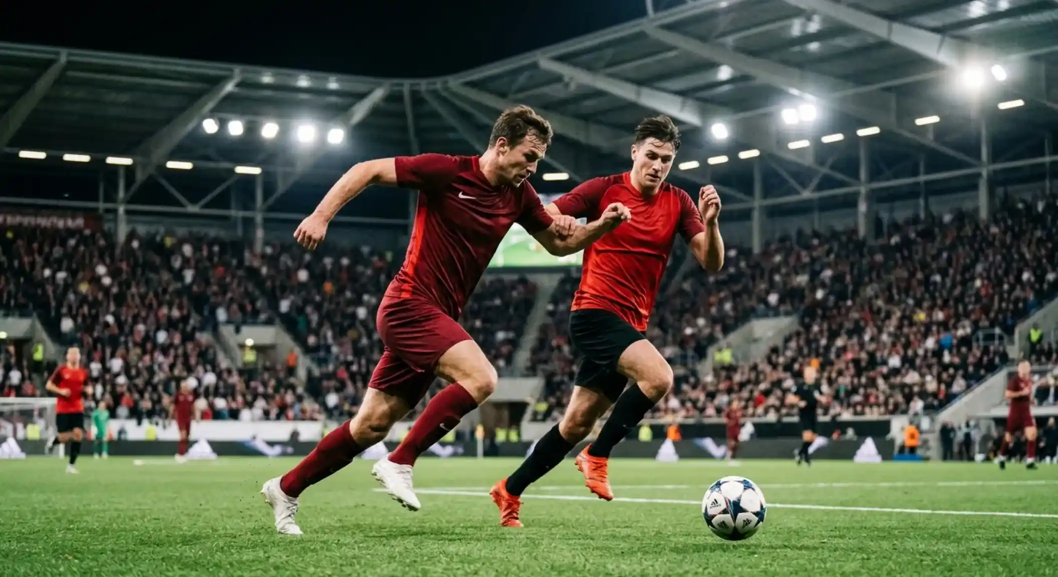 Spanischer und belgischer Nationalspieler im Laufduell unter Flutlicht