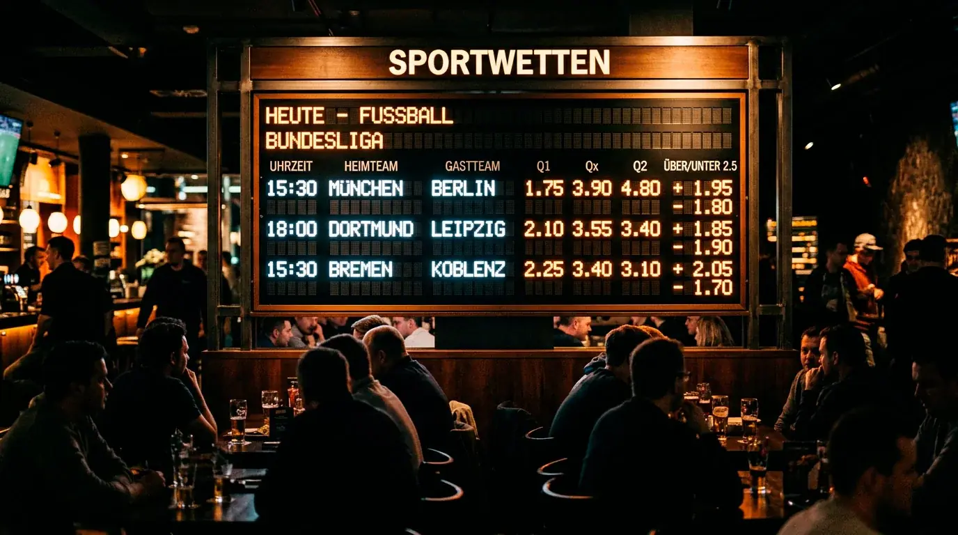 Buchmacher-Tafel mit aktuellen WM-Quoten unter dimmer Innenbeleuchtung
