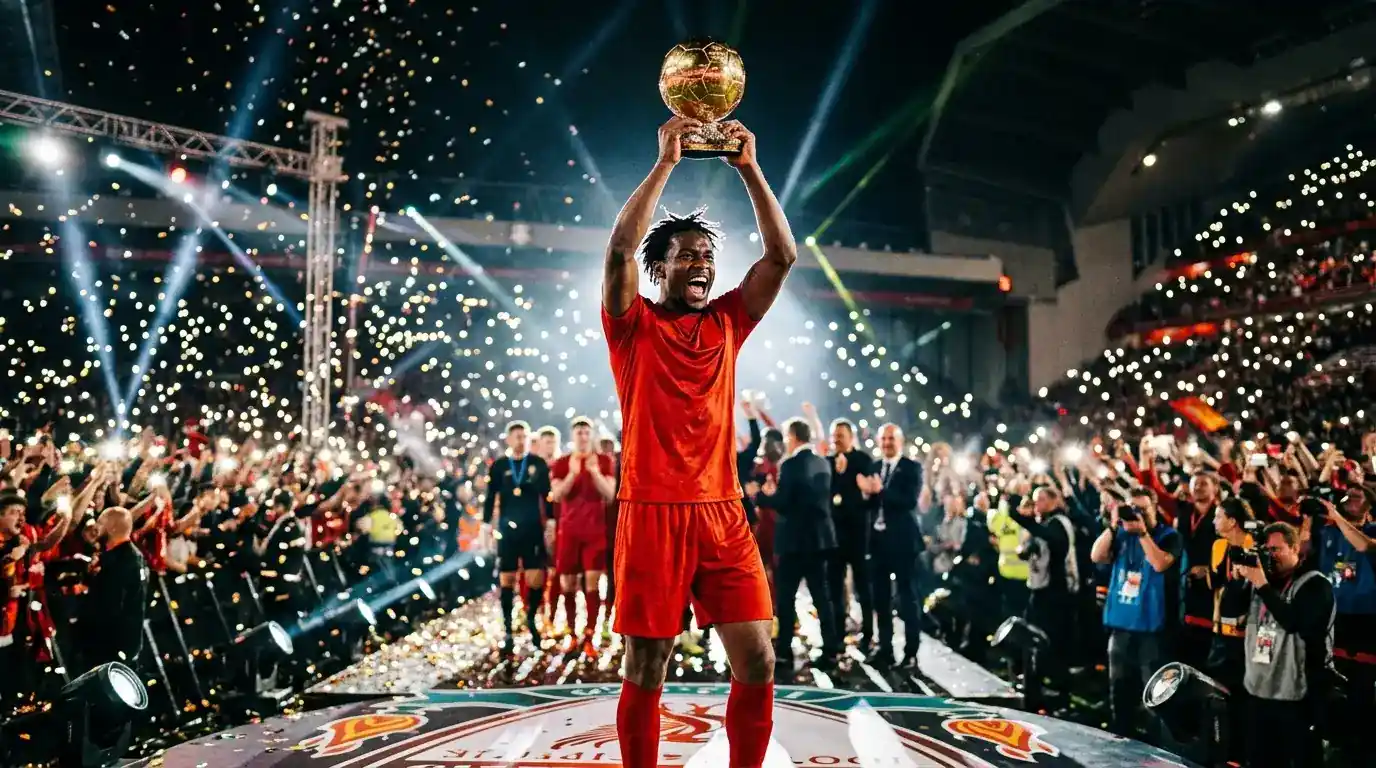 Ein Fussballer in rotem Trikot hält eine goldene Trophäe in die Höhe auf einer erleuchteten Bühne, Blitzlichter im Hintergrund, feierliche Atmosphäre