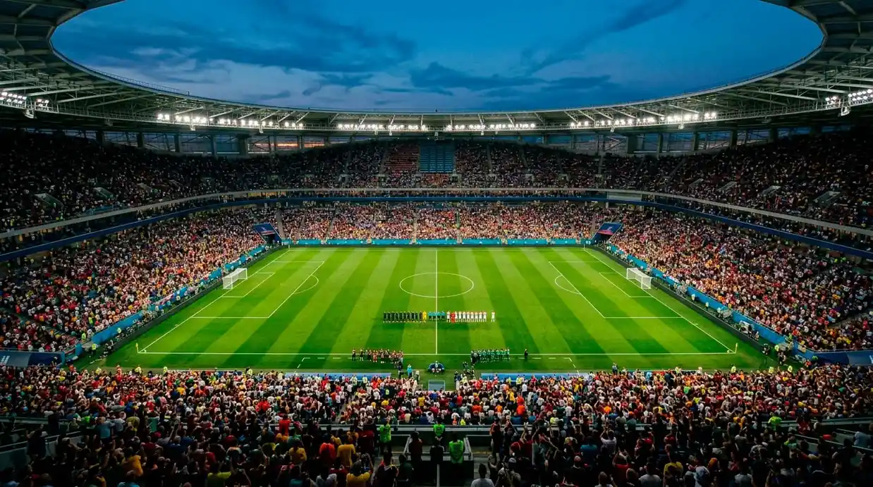 Stadion bei Anpfiff aus der Vogelperspektive mit beleuchtetem Rasen