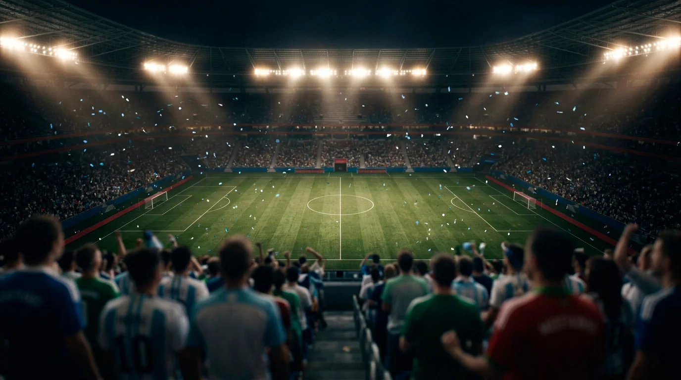 Stadion-Tribüne mit Flutlicht und Konfetti nach einem WM-Spiel