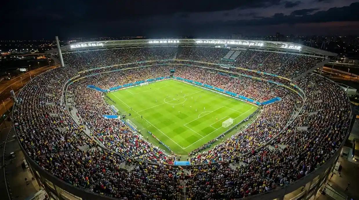Übersicht eines vollen Stadions während eines WM-Spiels, Rasen hell erleuchtet, Zuschauerränge in allen Farben, Weitwinkel-Perspektive