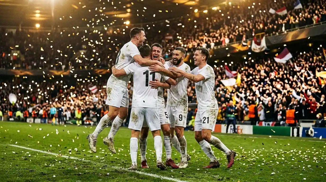 Jubelnde Fussballer nach einem dramatischen Sieg unter Flutlicht