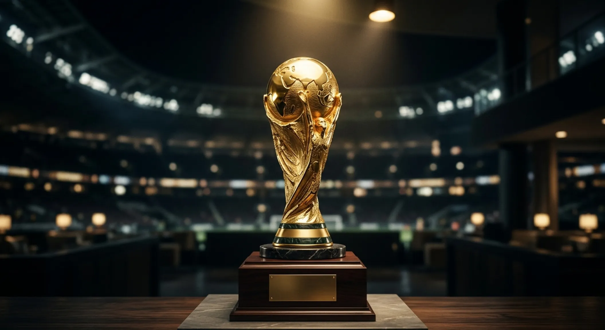Weltpokal-Trophäe im Rampenlicht vor dunklem Stadionhintergrund